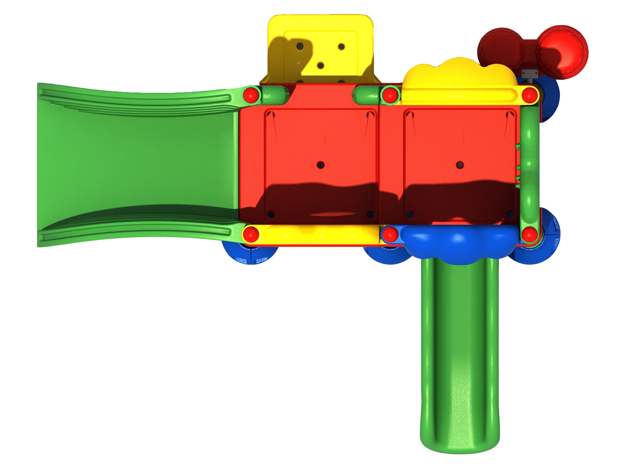 Overhead view toddler playground playset with two red decks, green slide, bongo drums, gear and window panels, ramped entry