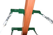 Steel adjustable glider swing brackets attached to a wooden beam with metal chains on each side