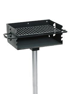 Heavy Duty Adjustable Flip-back Rotating Pedestal Grill with black rust-resistant firebox, 4-level cooking grate, and galvanized iron post