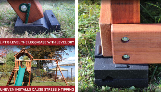 Black plastic leveling block supporting wooden playset leg on grass with bolts securing wood to block