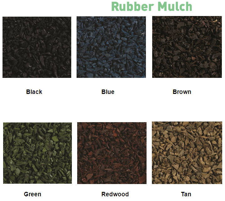 Close-up of textured recycled rubber playground mulch in black, blue, brown, green, redwood, and tan colors