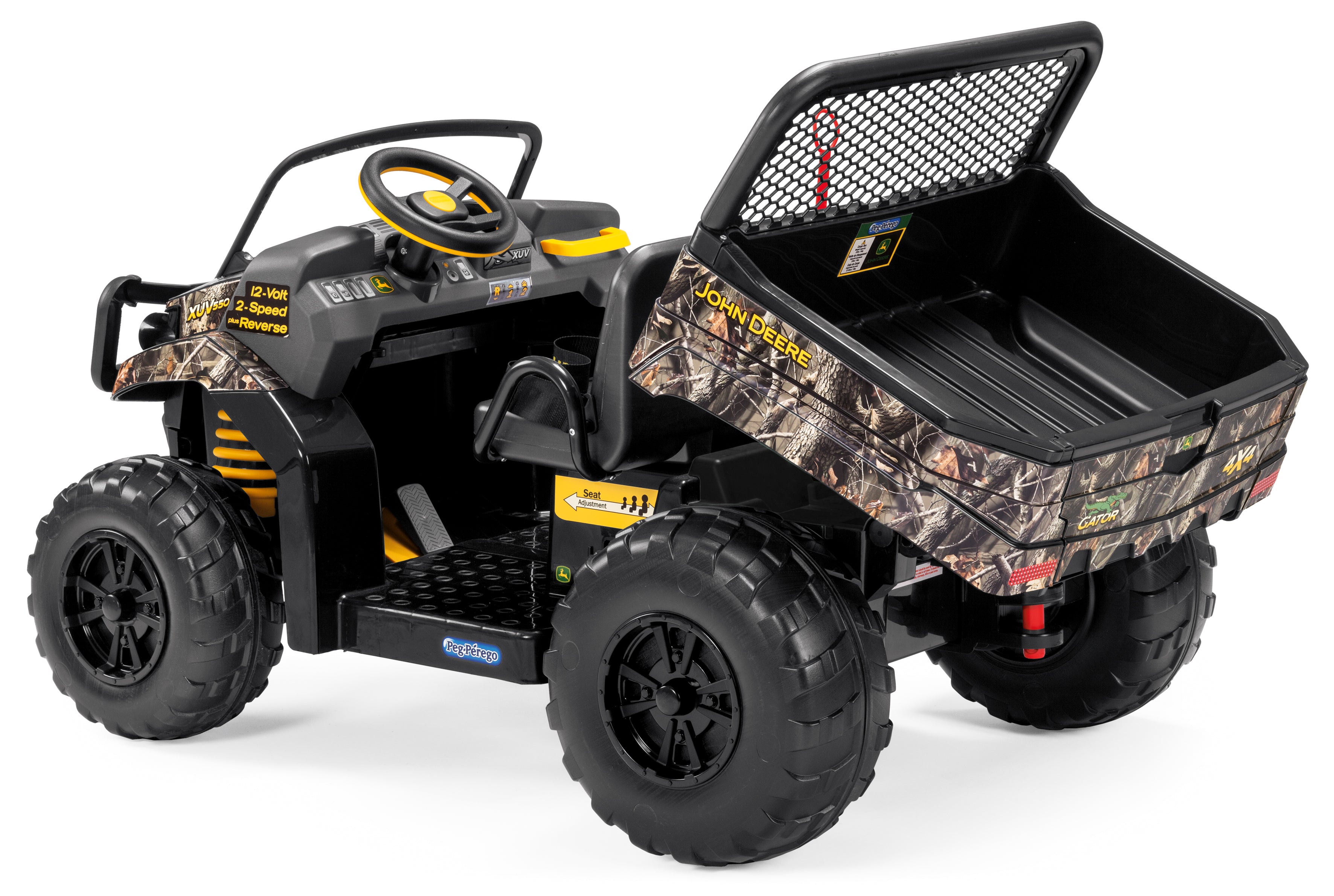 12-volt kids’ ride-on utility vehicle with Realtree camo, large dump bed, brush guard, and rugged tires