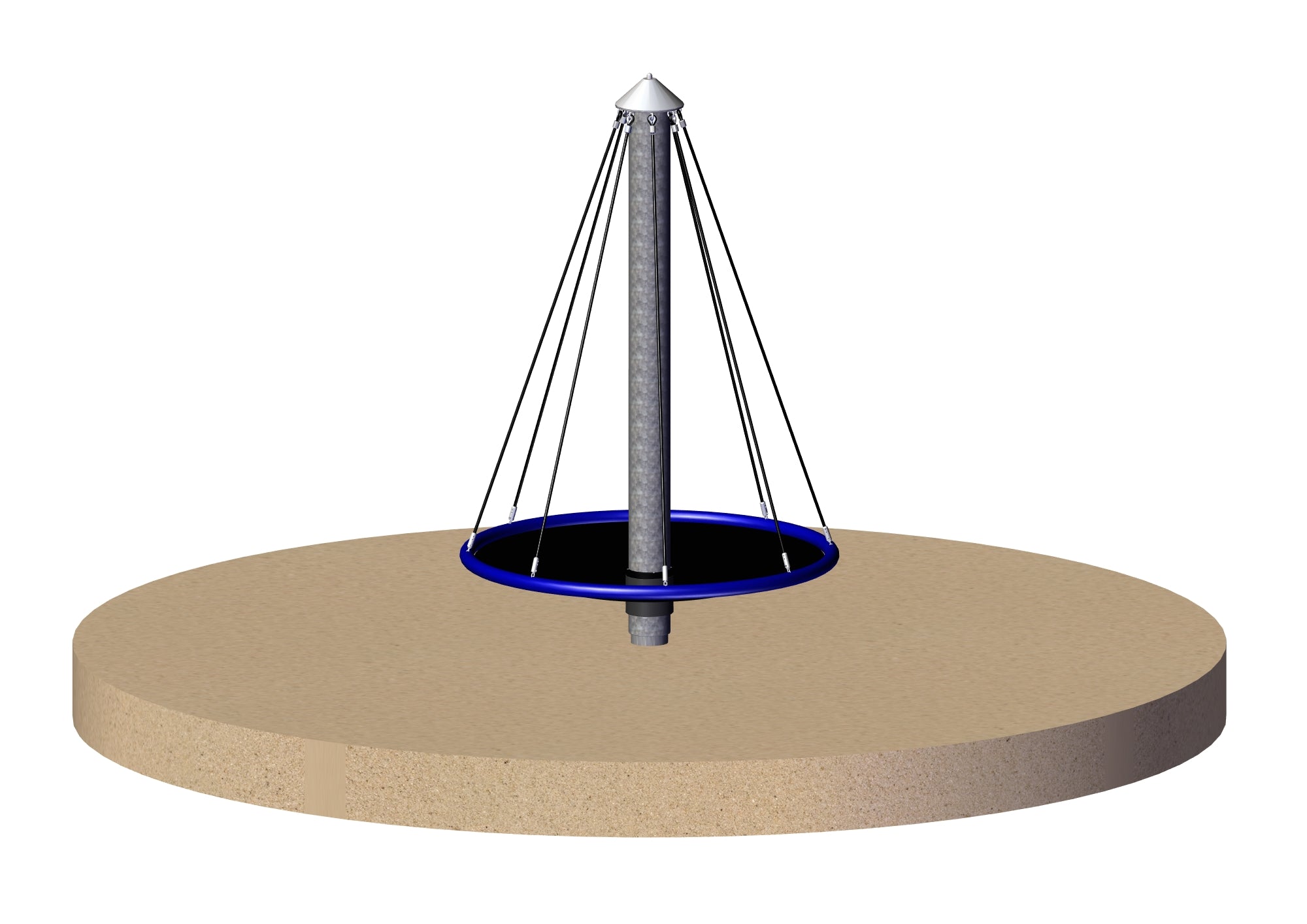 Playground carousel with blue circular frame, black netted bird's nest seat, central pole, and supporting ropes on sandy ground