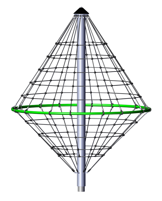 Vertical climbing net with diamond rope webbing and central pole, featuring a green circular support ring for playground use.