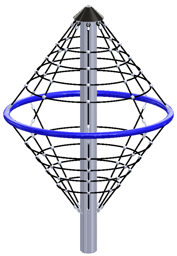 Compact climbing structure with black conical ropes, central metal pole, and a blue circular ring for active play and balance.