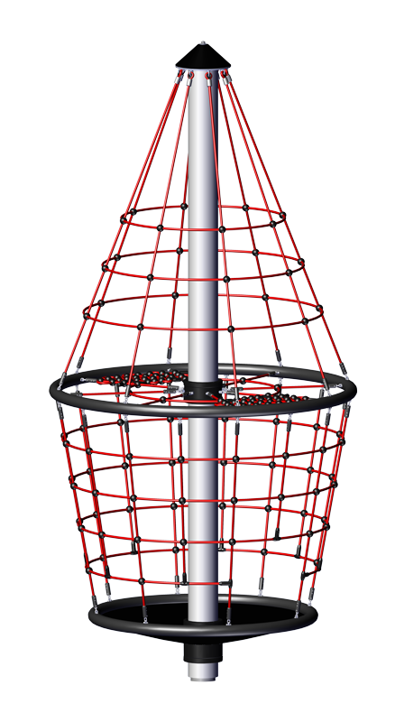 Vertical climbing structure with red rope netting and black circular frames around a central metal pole for playground use