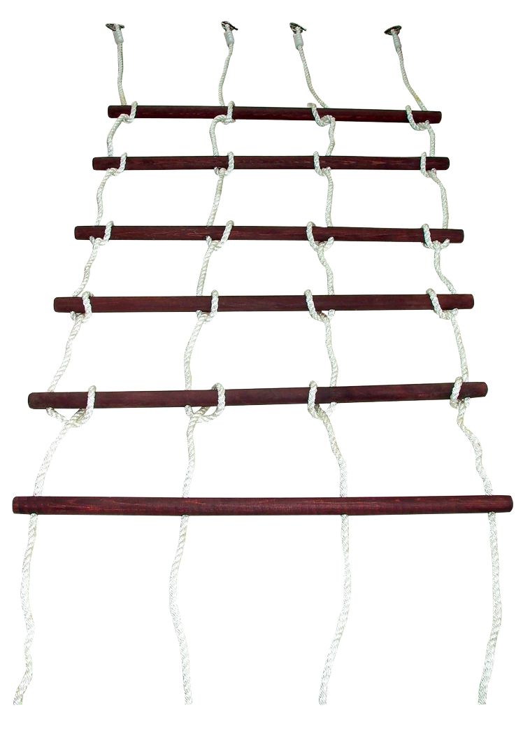 Rope ladder with six wooden rungs, white climbing ropes, and four metal pelican hooks for swing set attachment