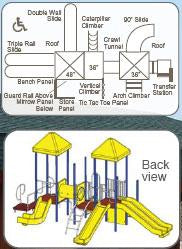 Colorful modular playground with double and 90-degree slides, crawl tunnel, tic tac toe panel, caterpillar and vertical climbers, and bench panel.