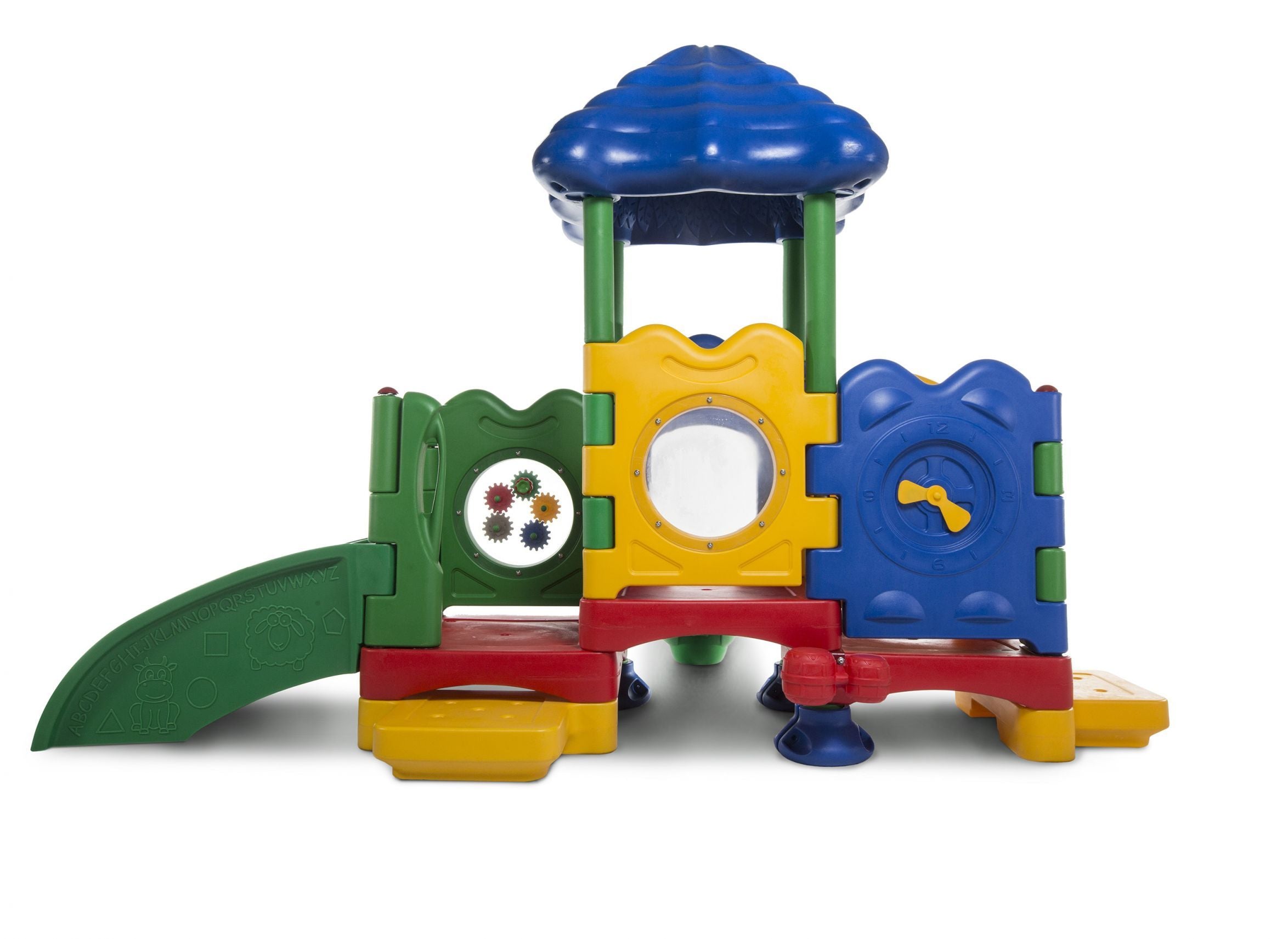 Colorful toddler play structure with slide, interactive gears, clock panel, and roof canopy designed for early childhood development