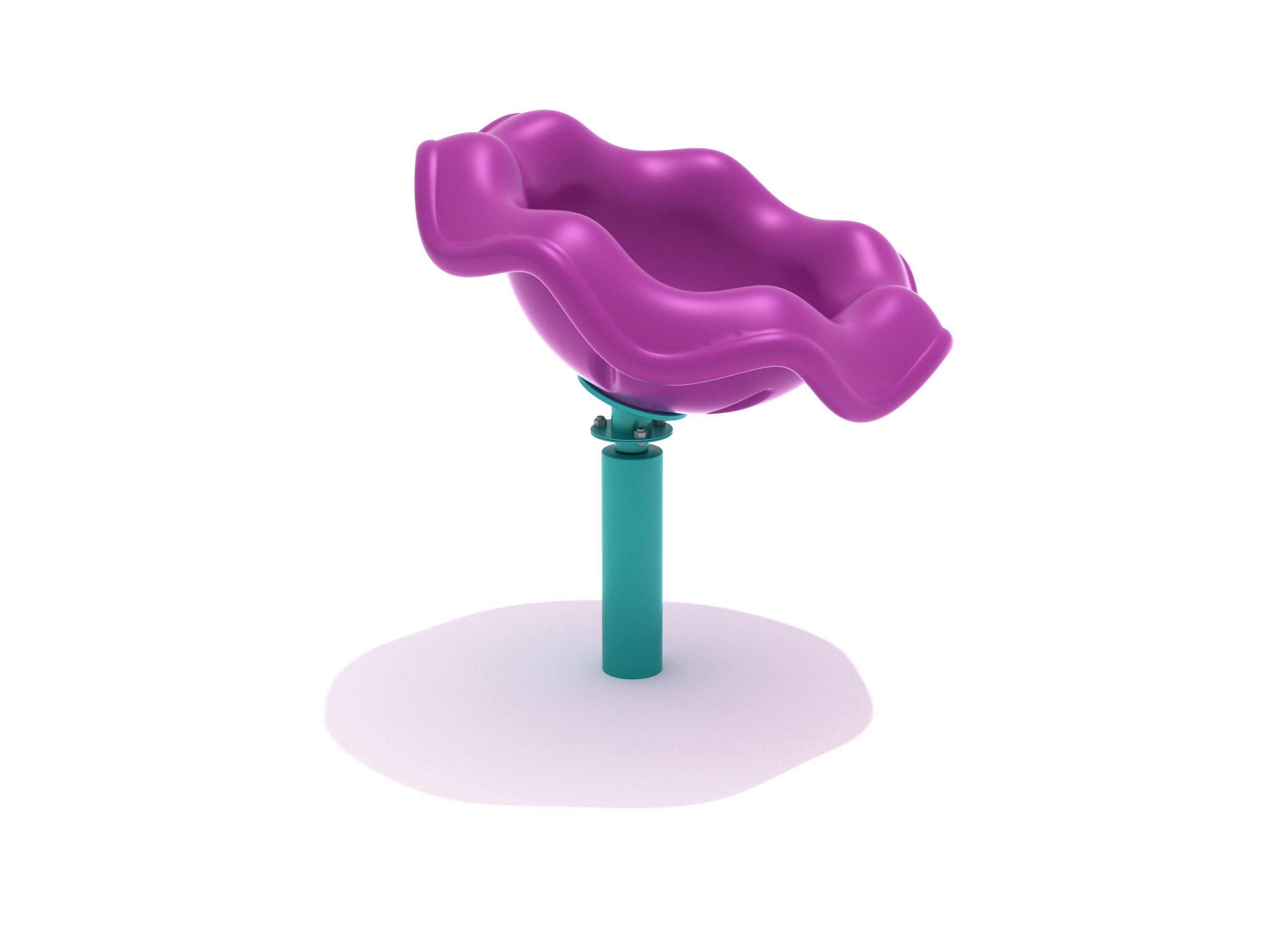 Purple wavy plastic spinning seat on a teal post, kid-powered playground equipment with smooth, durable design