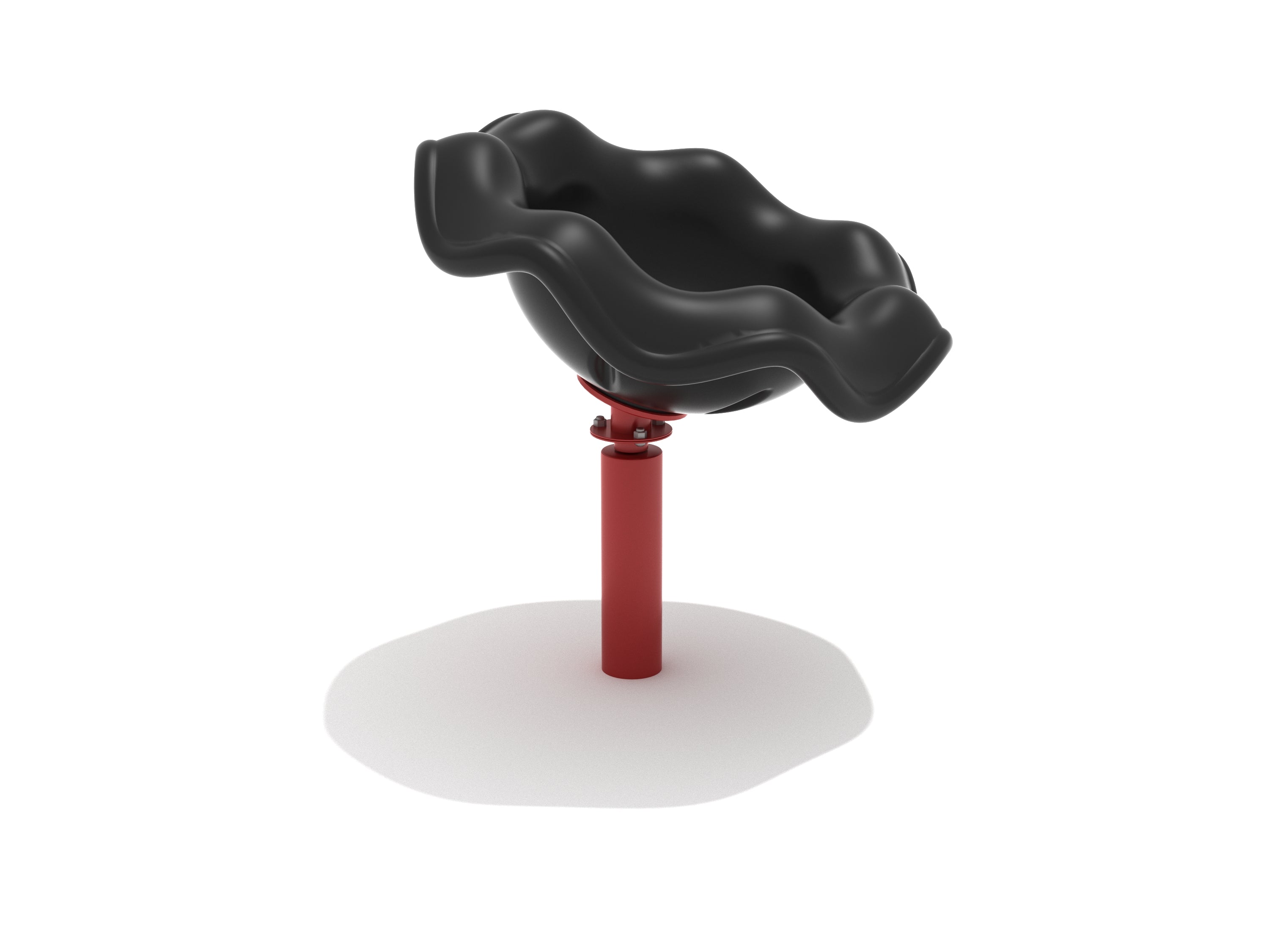 Black wavy plastic spinning playground seat mounted on a red metal post for kids' outdoor play