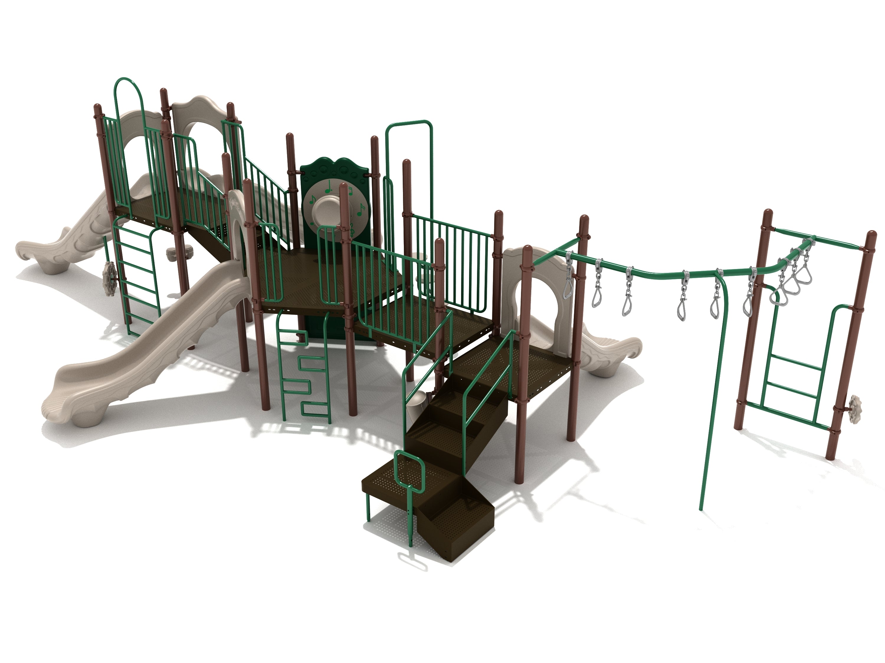 Outdoor playground structure with slides, climbing ladders, monkey bars, and musical play panels in green and beige