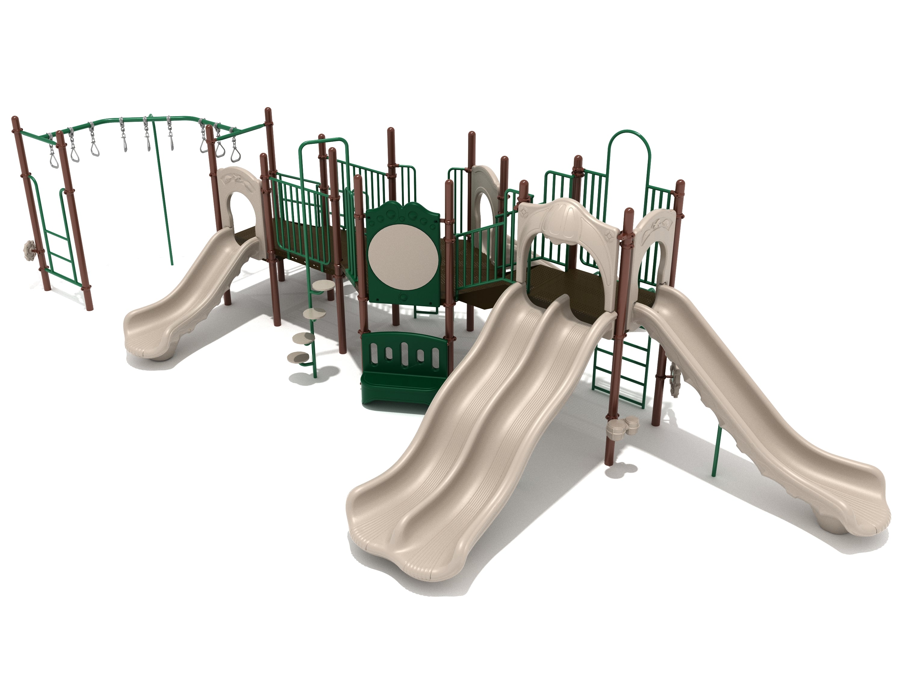 Outdoor playground structure with beige slides, green climbing ladders, and interactive play panels