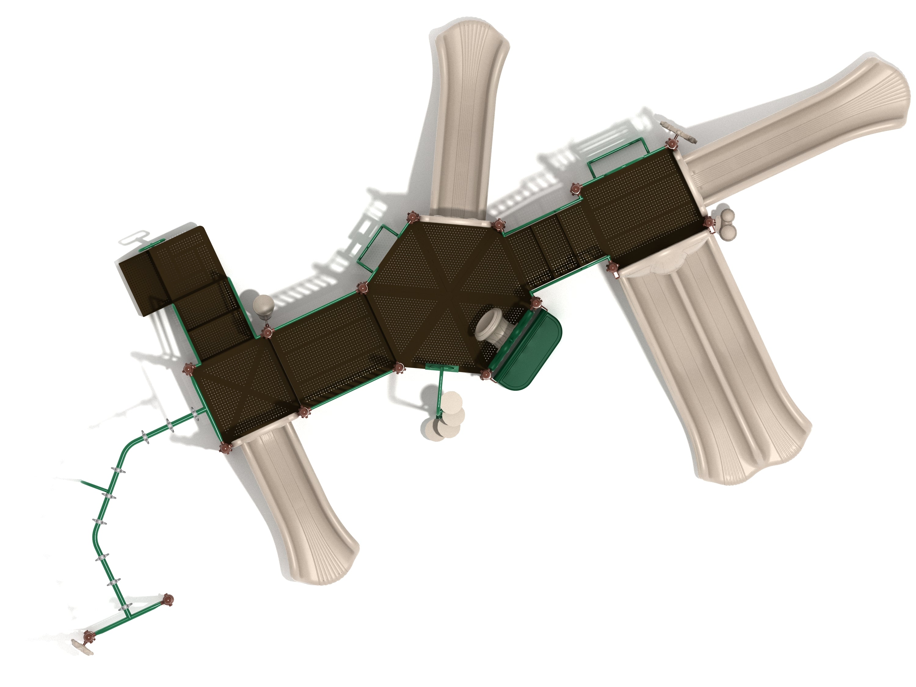 Overhead view of large playground structure with beige slides, green climbing bars, interconnected platforms, and multiple play features