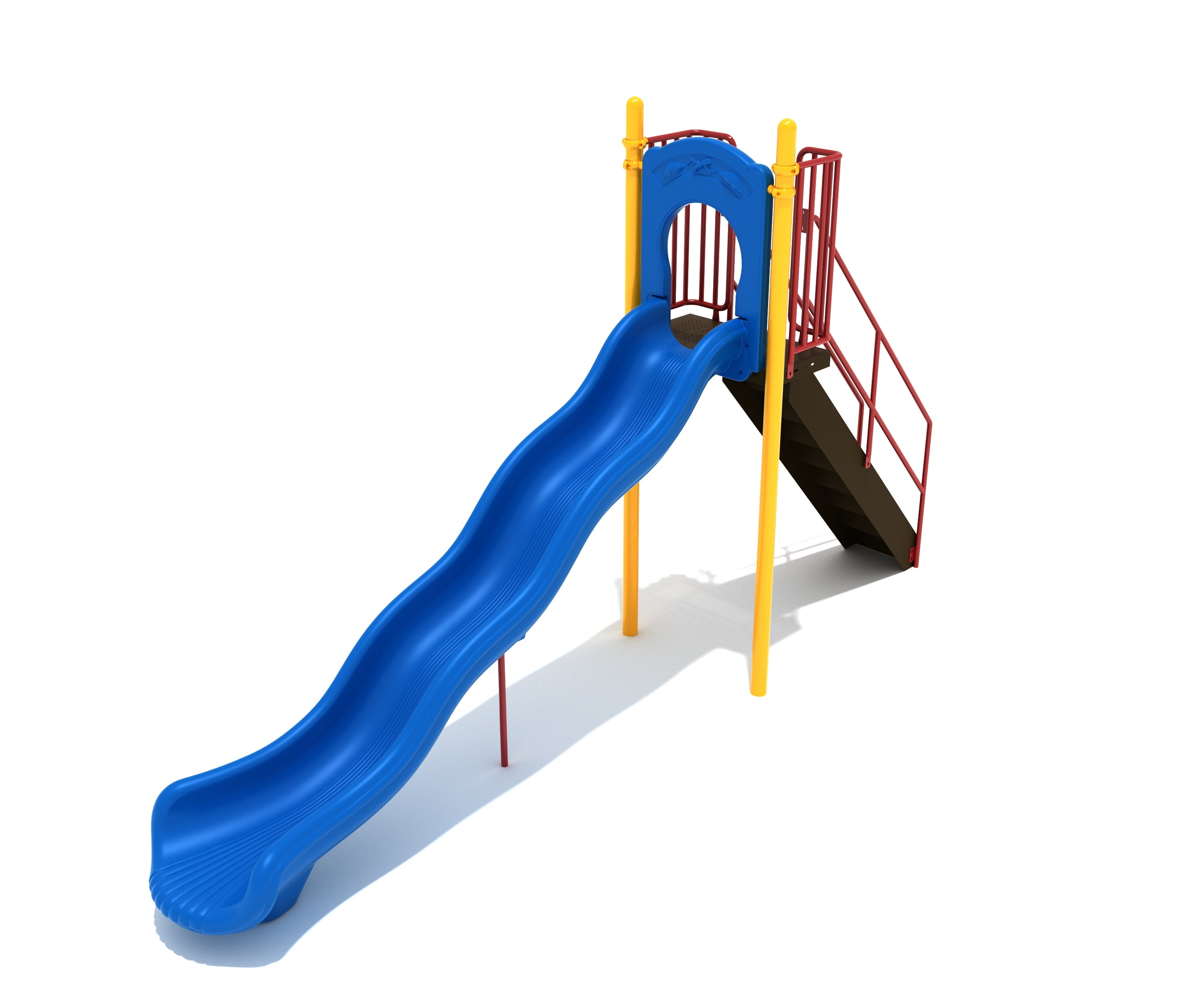 Straight Single Wave Slide with blue wave slide bed, yellow posts, red stairs, freestanding playground equipment