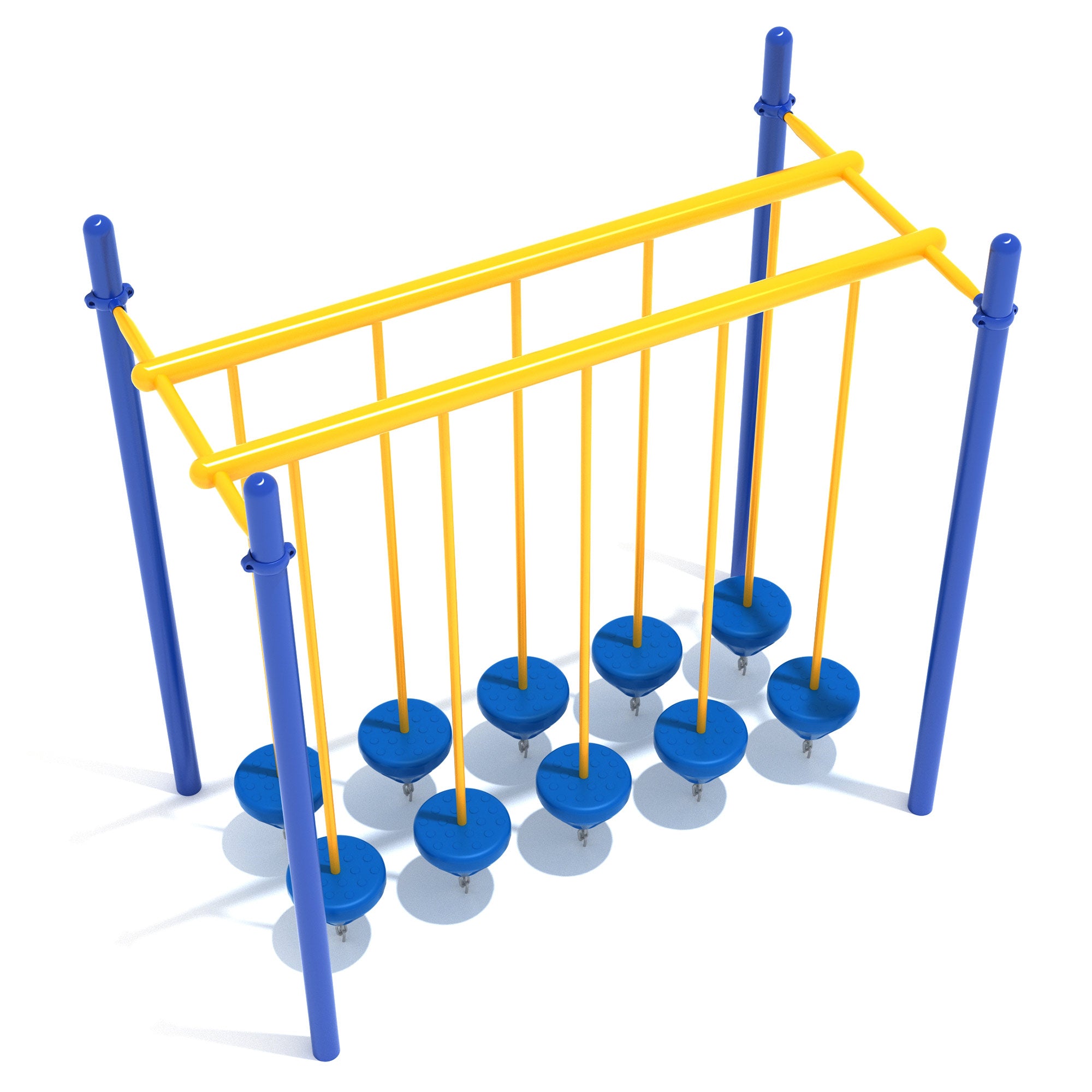 Playground balance beam with two rows of blue circular swinging platforms suspended by yellow rods and chains from a yellow frame