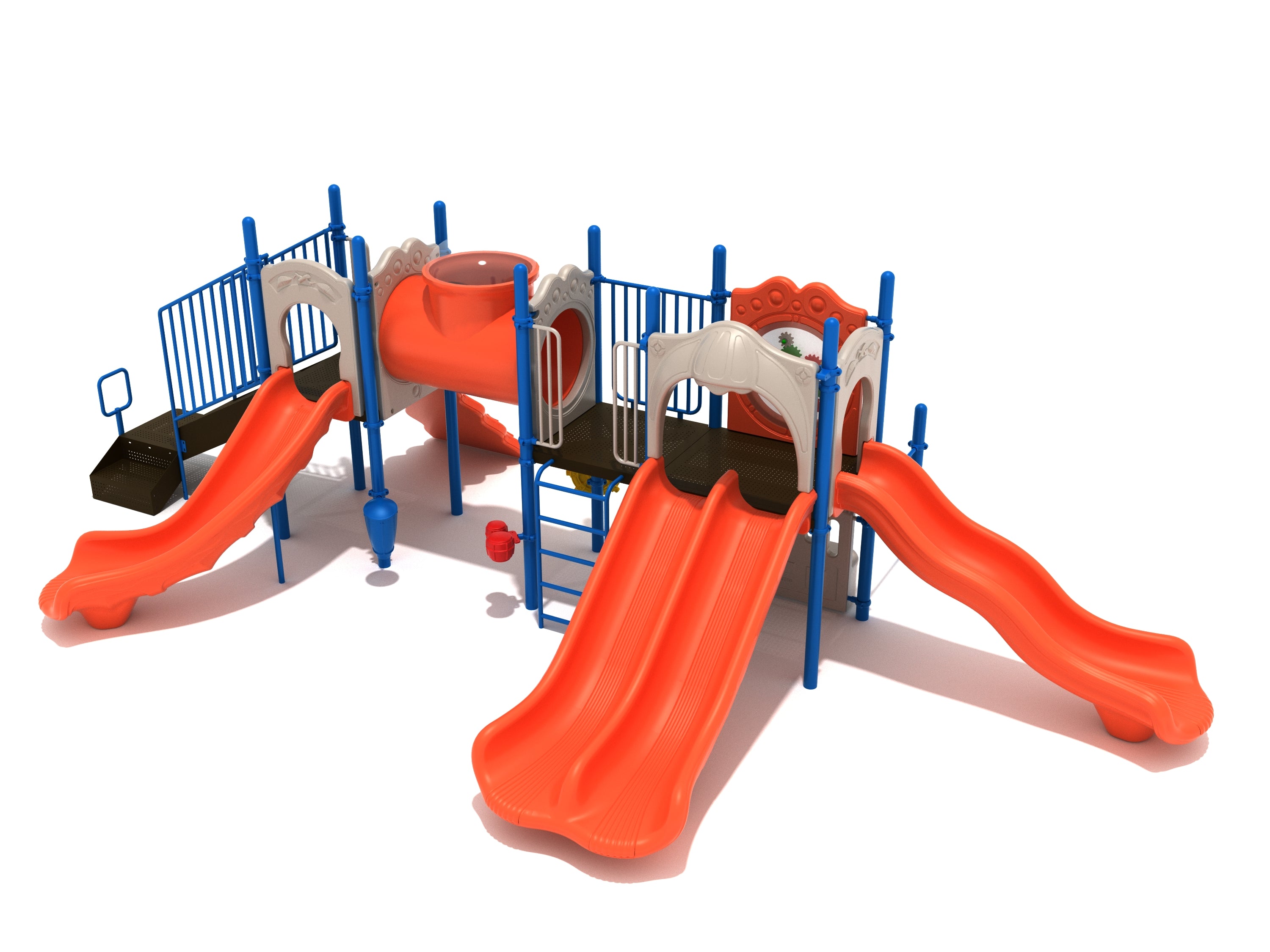 Portland Playground large play system with orange slides, blue railings, tube bridge, climbing ladders, and black platforms