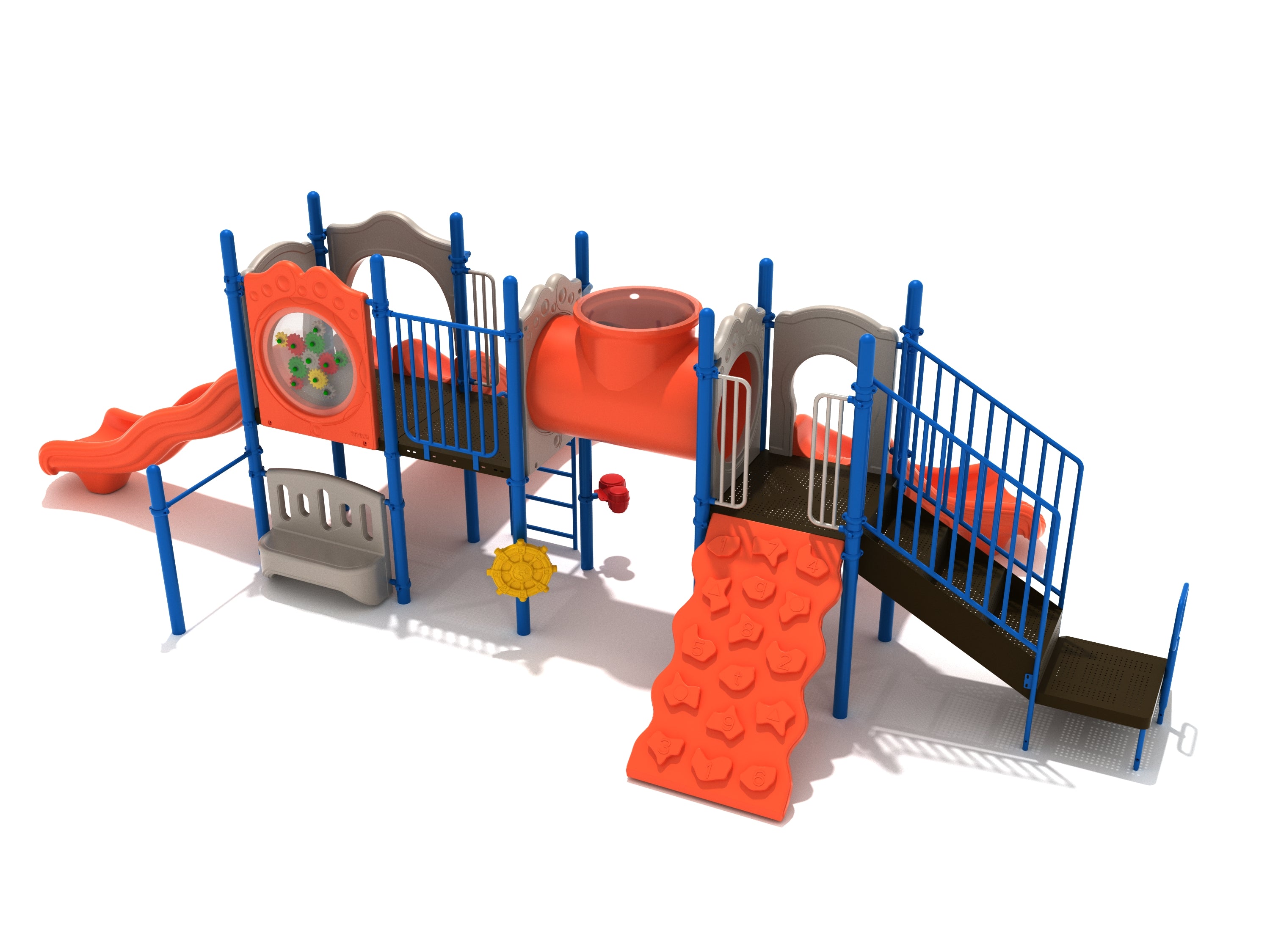 Colorful playground structure with orange slides, tube bridge with window, climbing wall, gear panel, and blue support poles