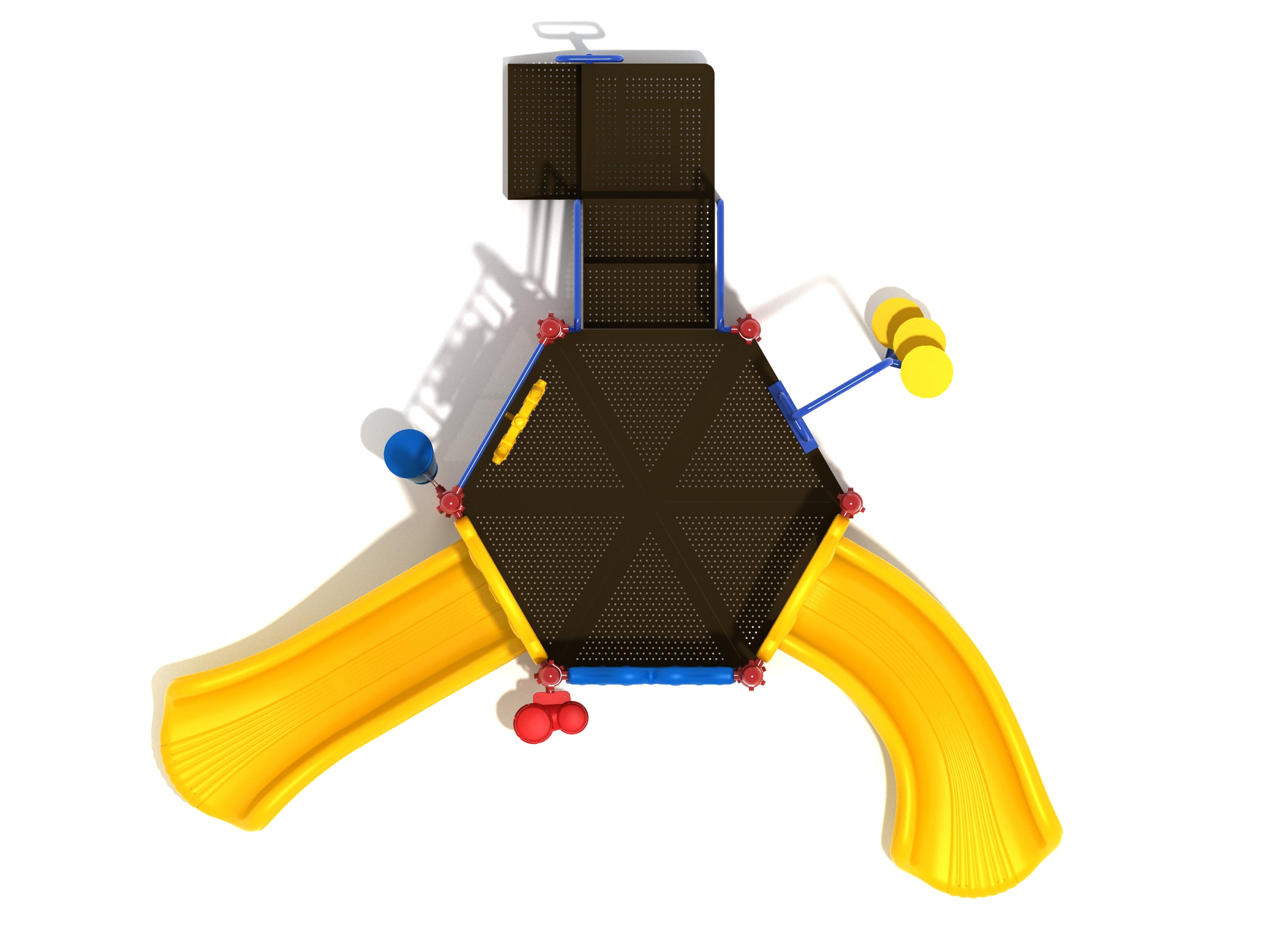 Overhead view of hexagonal playground deck with two yellow slides, blue and red climbing elements, and interactive play features