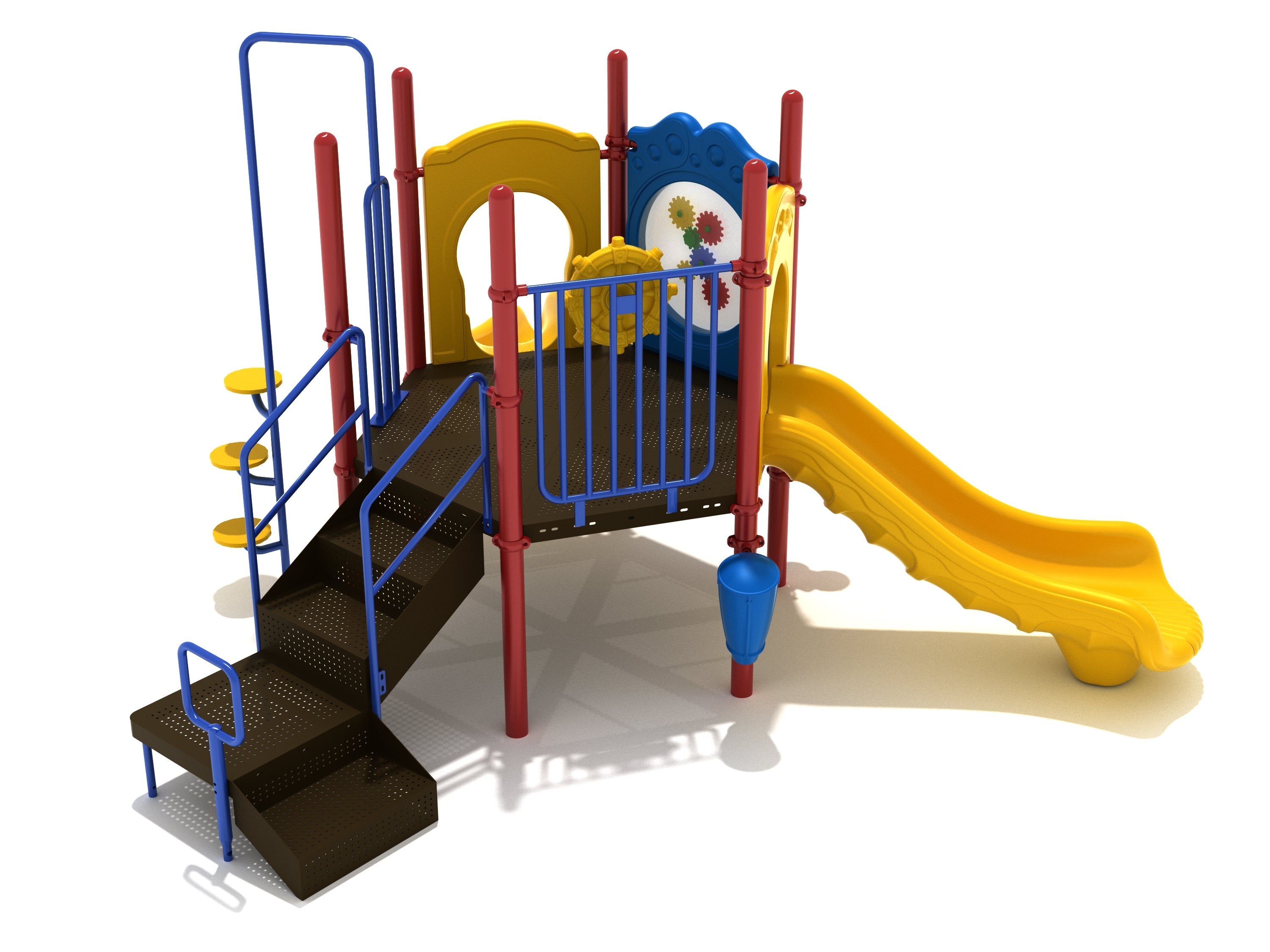 Colorful children's playground with yellow slide, blue railings, red posts, gear panel, stairs, and accessible musical drums.
