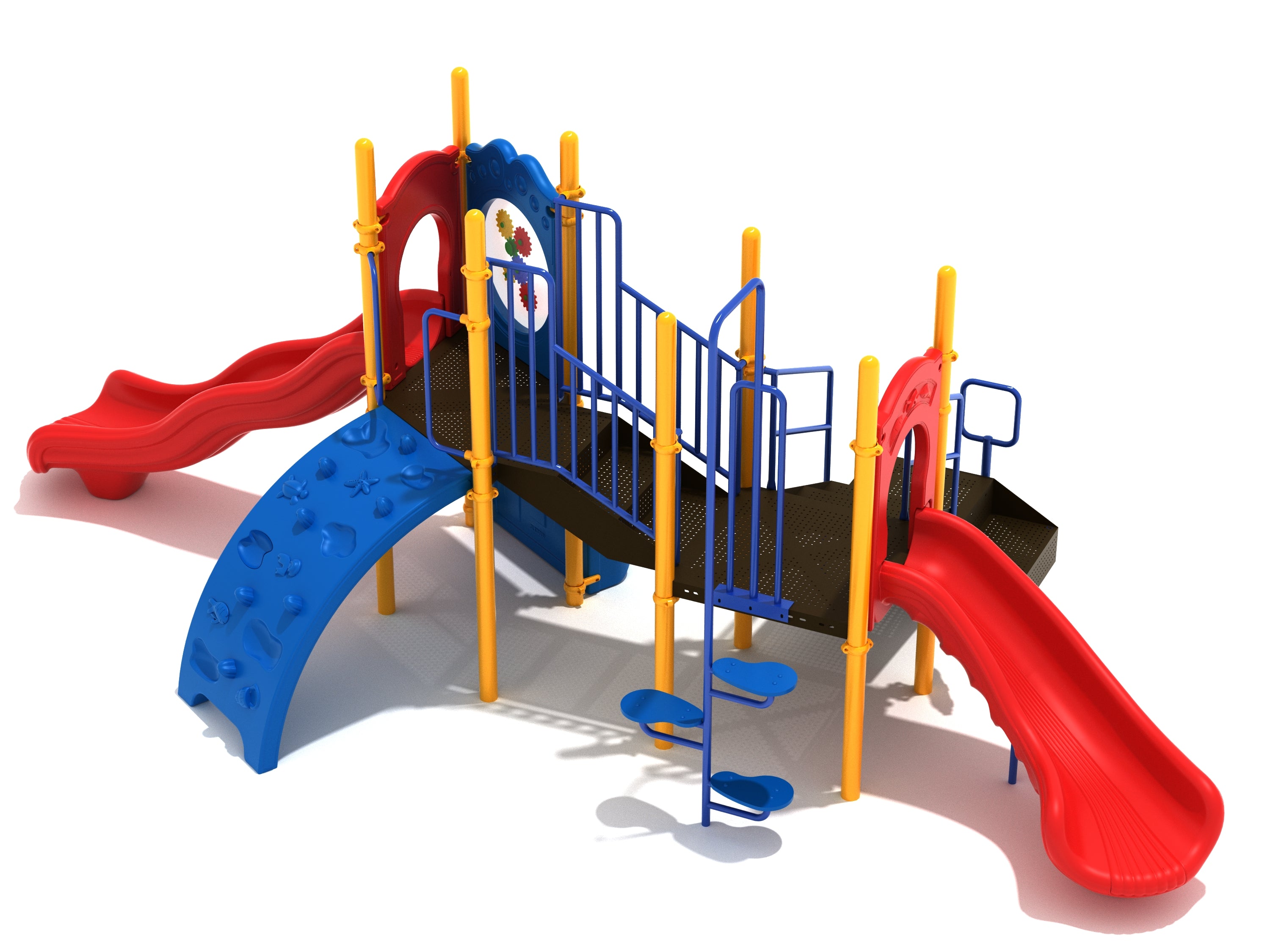 Nautical-themed playground with two red slides, blue sea creature climbing wall, yellow support poles, and interactive panels