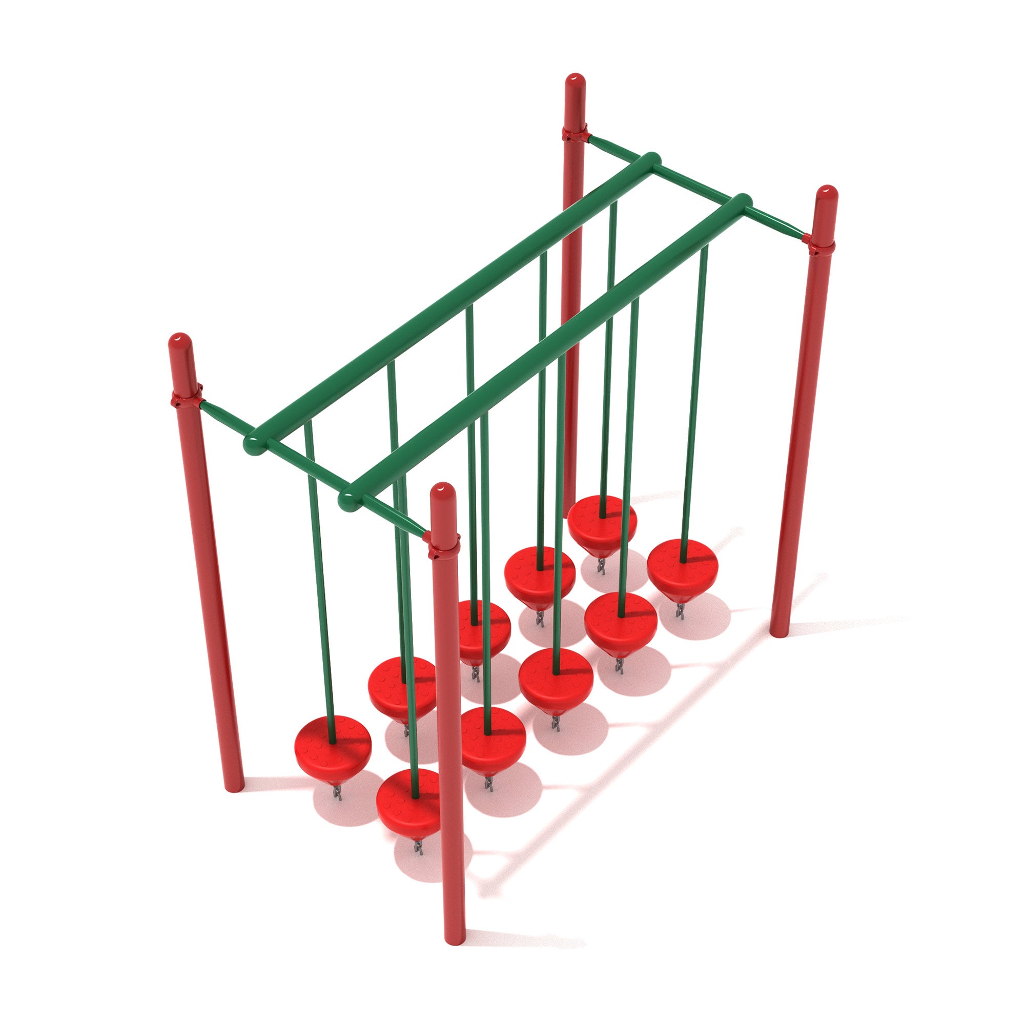 Playground balance beam with two rows of red circular swinging platforms suspended by green chains from a green overhead frame with red posts