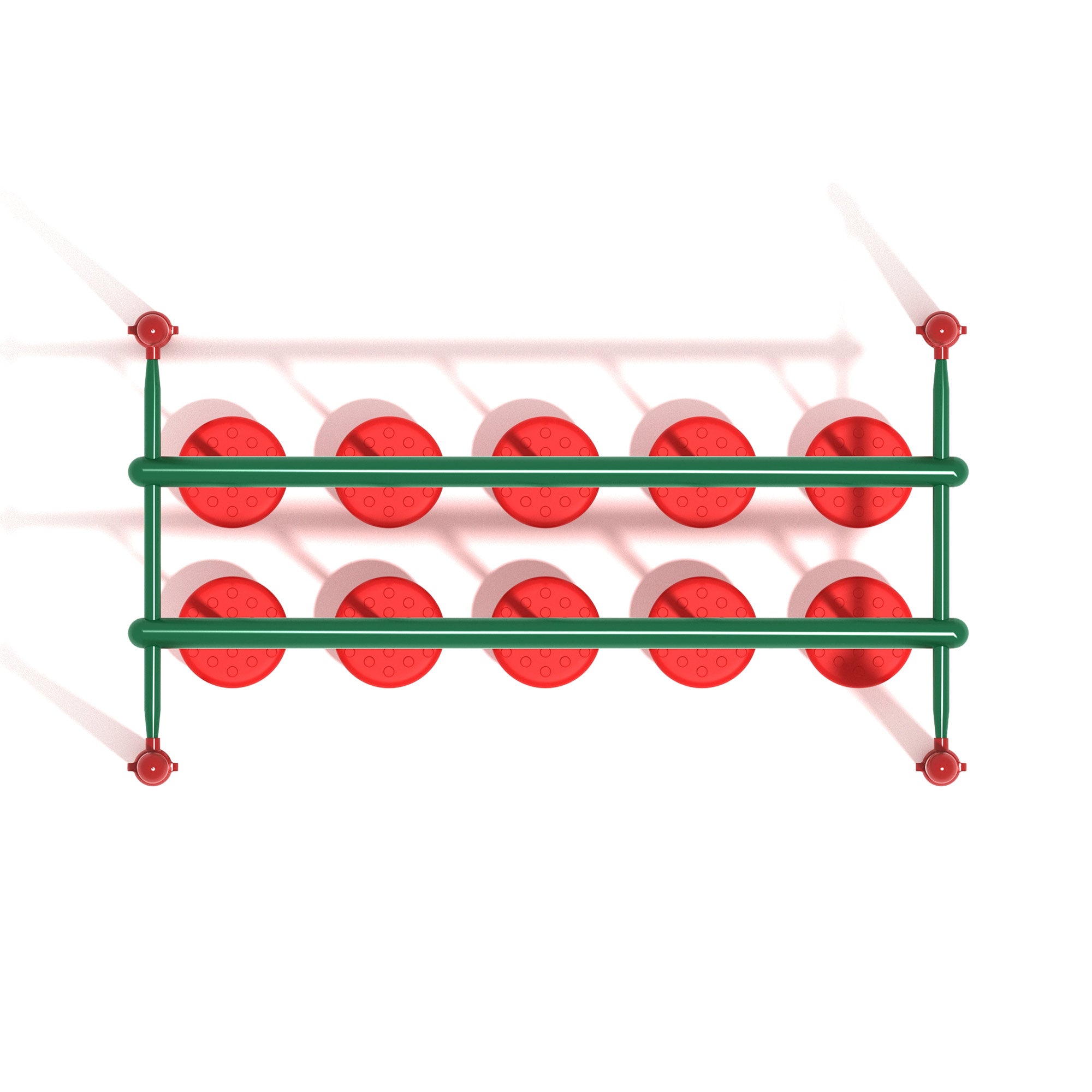 Overhead view of double row playground balance beam with red circular swinging platforms and green support bars