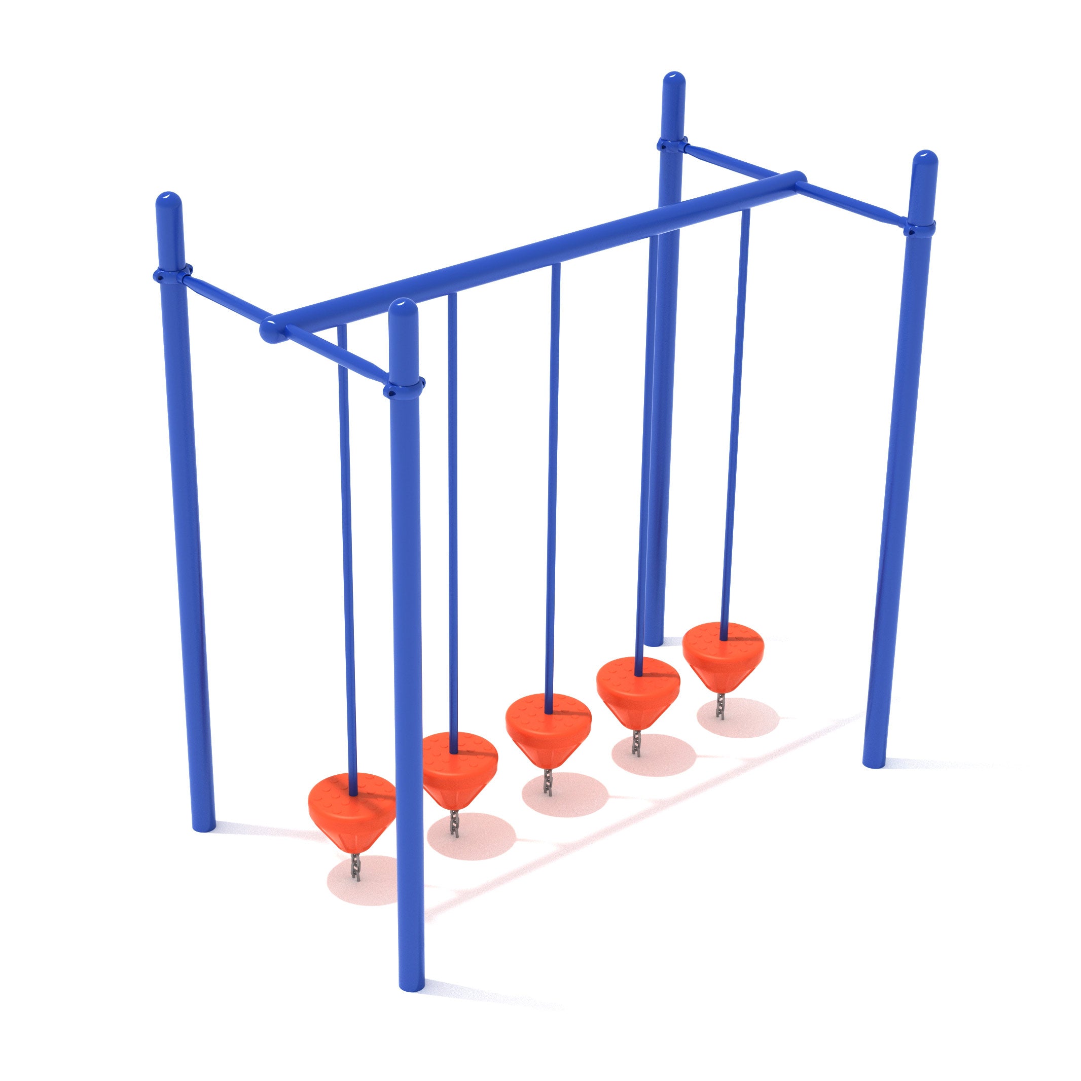 Playground balance beam with five orange pebble-shaped swinging platforms suspended from a blue metal frame