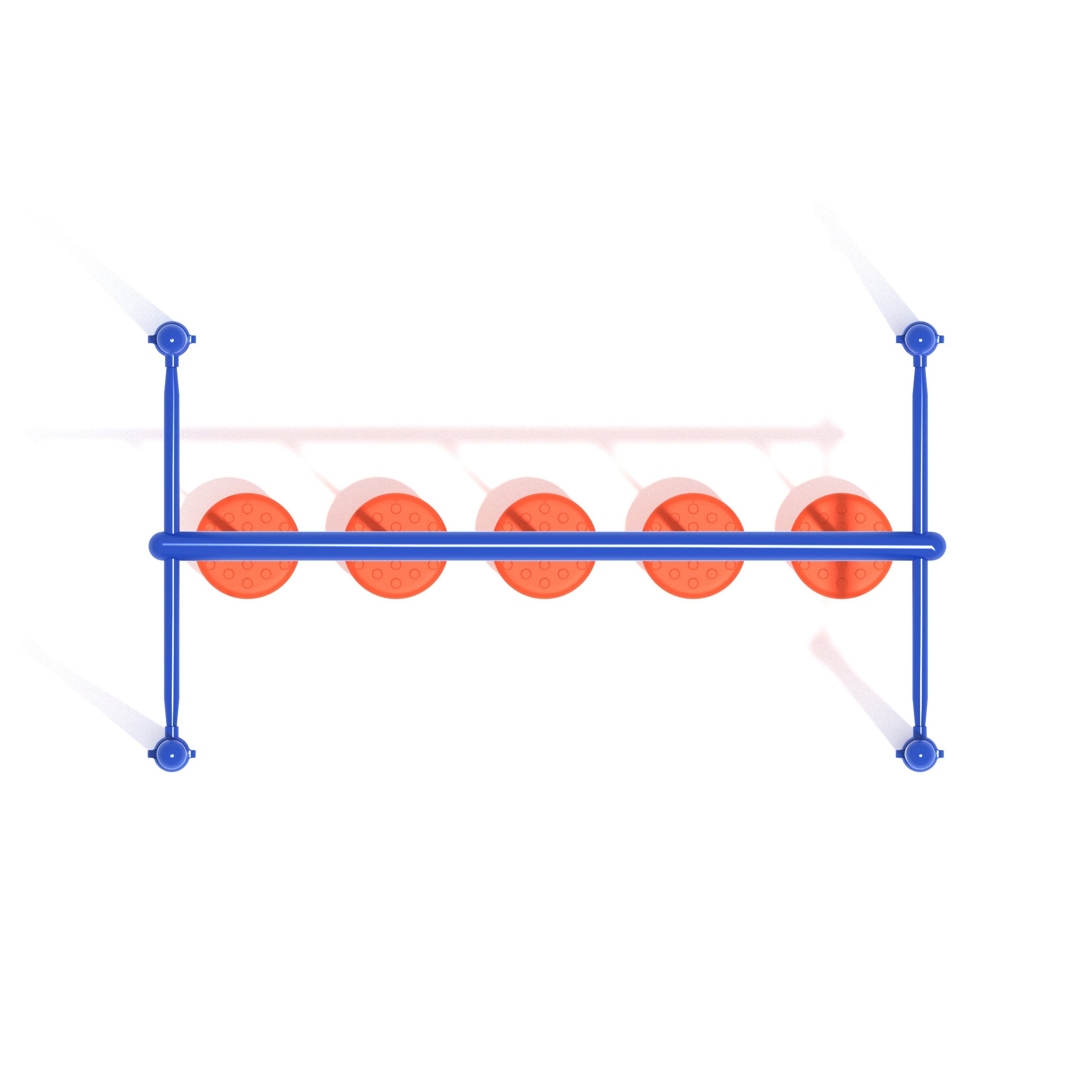 Overhead view of playground balance beam with five orange circular swinging pebble platforms suspended from blue frame