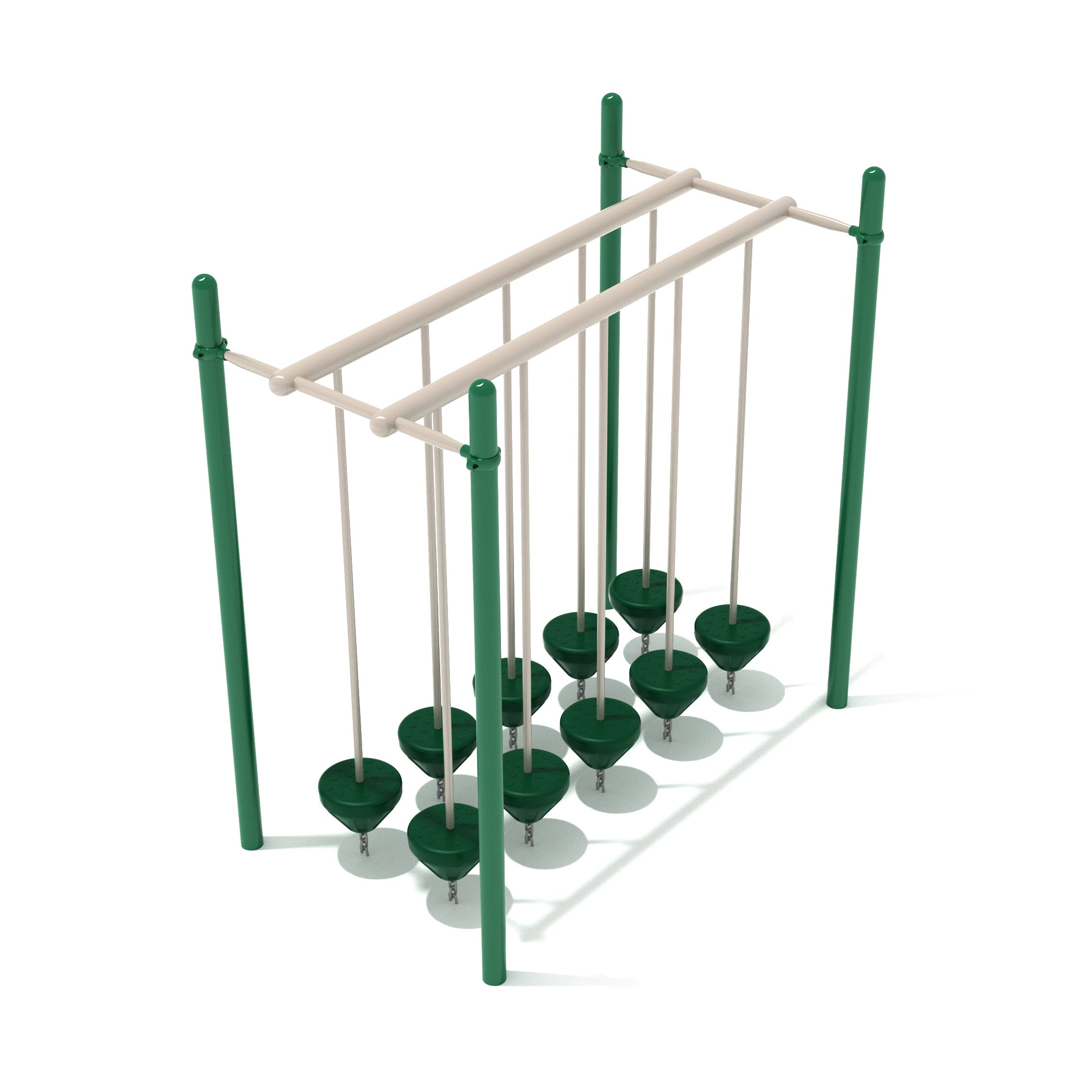 Playground balance beams with two rows of green pebble-shaped swinging platforms suspended from beige overhead bars