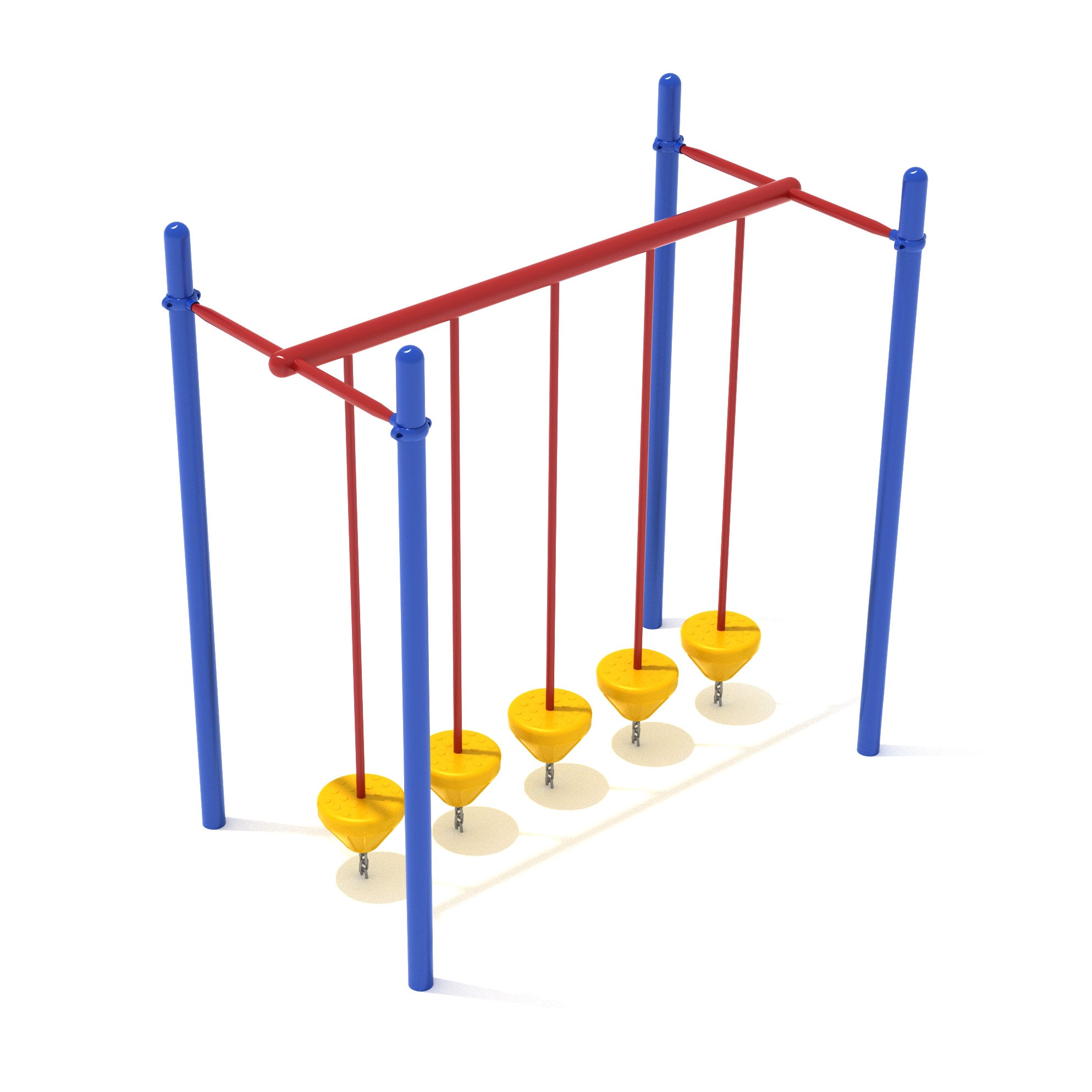 Pebble Bridge playground balance beams with five yellow swinging pebble platforms suspended from red overhead bars and blue posts