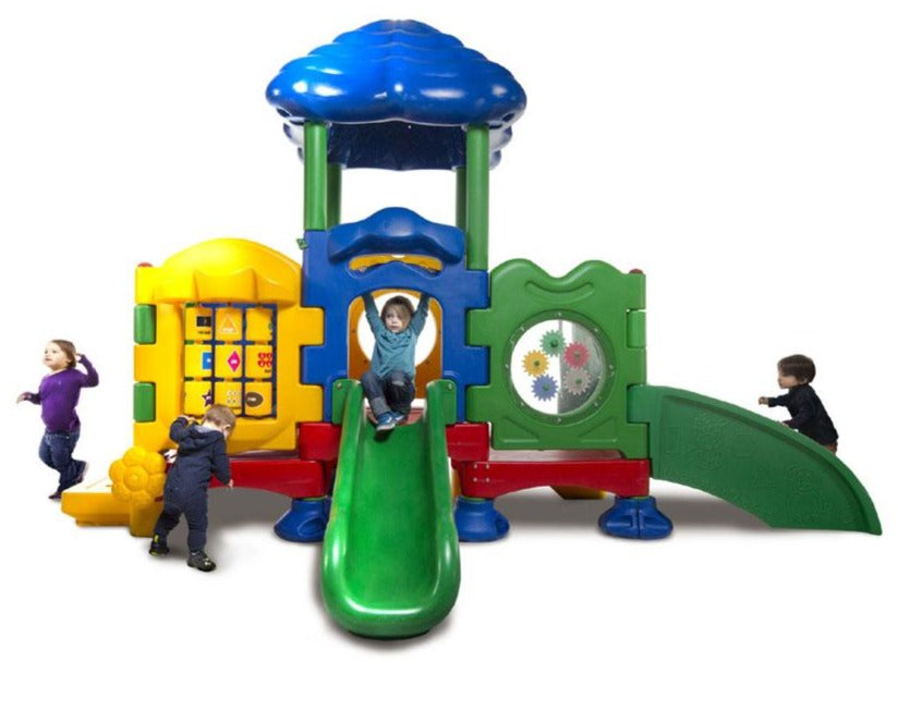 Colorful toddler playground with green slide, blue canopy, interactive learning panels, and children playing together
