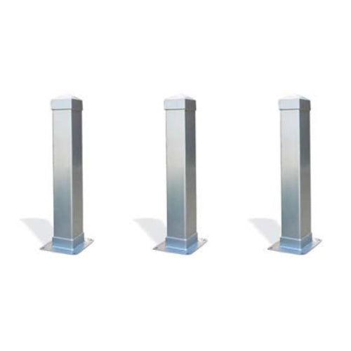 Three silver steel Dover Series Bollards with powder-coated finish and square tops, surface mounted on white background