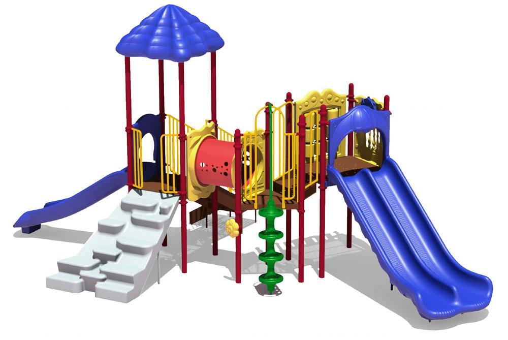 Colorful playground structure with blue double slide, climbing wall, tunnel, and shaded roof for active play and social fun