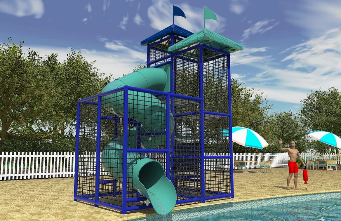 Blue metal-framed water slide with teal spiral flume, safety netting, and lifeguard beside pool