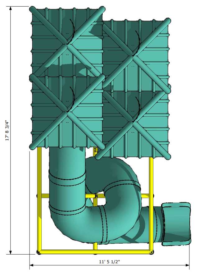 Overhead view of a spiral tubular water slide with yellow support frame and two shaded platforms