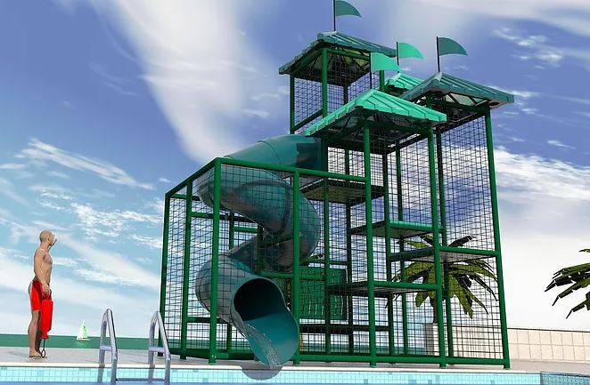 Green metal-framed spiral water slide with protective netting and multiple platforms beside a pool and lifeguard station