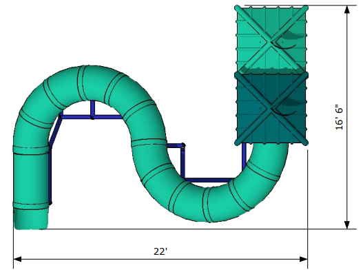 Curved dual-flume water slide with shaded platforms and metal frame, designed for pool or lake use