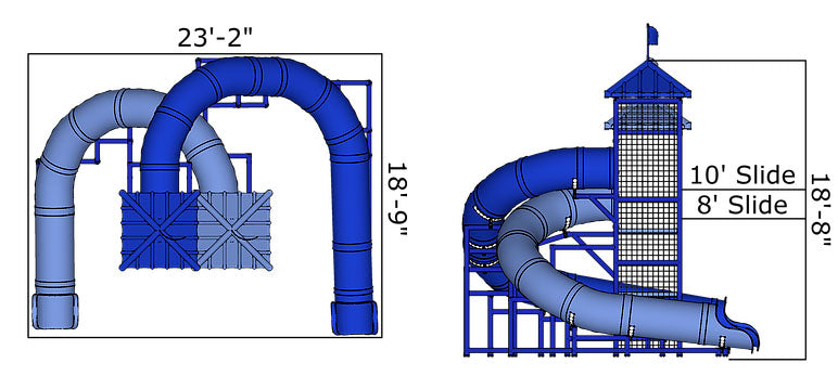 Two curved blue enclosed tube water slides with central climbing tower, shown from side and overhead views