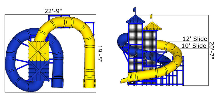 Overhead view of dual curved water slides with blue and yellow tubes, metal framework, and safety netting