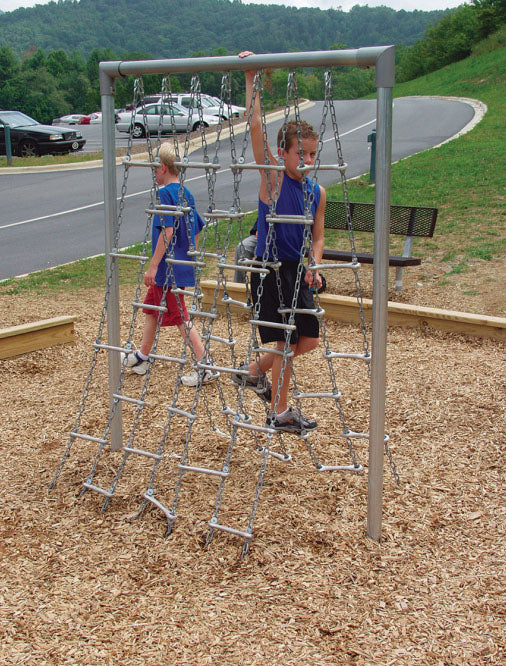 Outdoor playground with staggered aluminum climbing nets and two children playing on wood chip ground