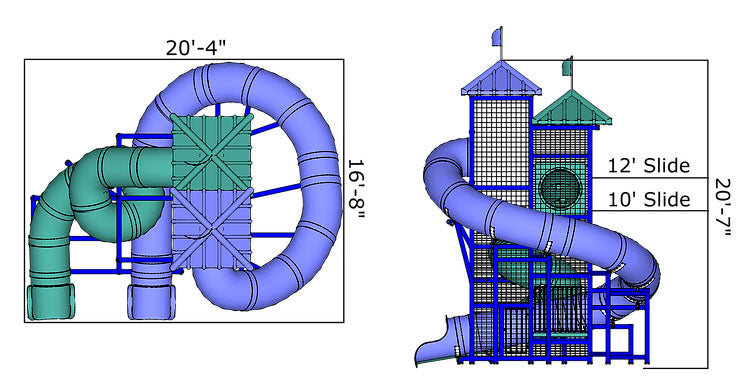 Dual curved water slides with two towers and mesh safety netting, shown from top and side views