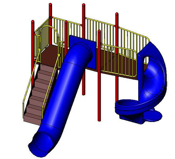 Playground structure with red posts, yellow railings, brown stairs, blue straight tube slide, and blue spiral slide.