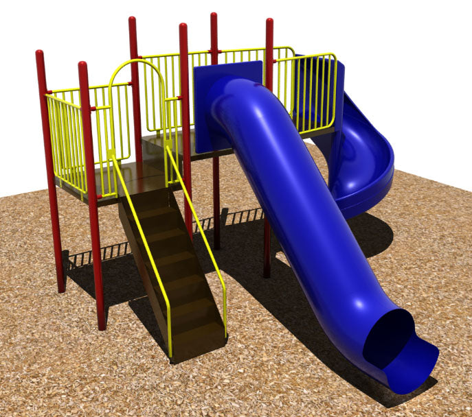 Playground structure with red posts, yellow railings, brown steps, blue straight tube slide, and blue spiral slide on wood chip ground