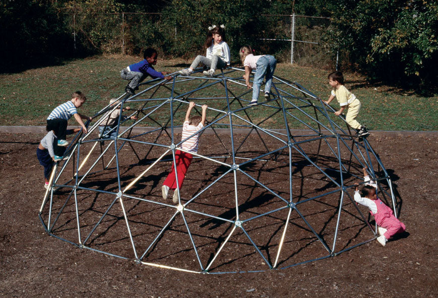Super Geo Dome Climber with children climbing on geometric galvanized steel structure in outdoor playground