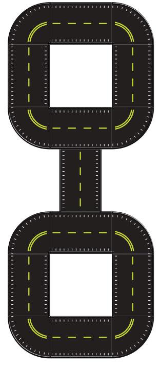 Overhead view of a black trike path with two connected square loops, yellow dashed lines, and corner markings