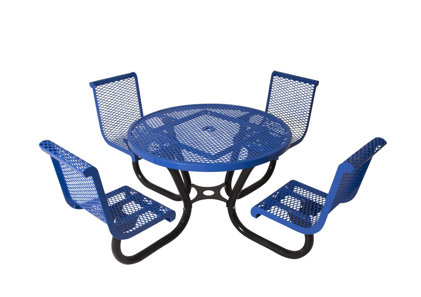 Round Portable Diamond Picnic Table with contoured blue steel seats and black steel frame, diamond-patterned top, outdoor seating solution