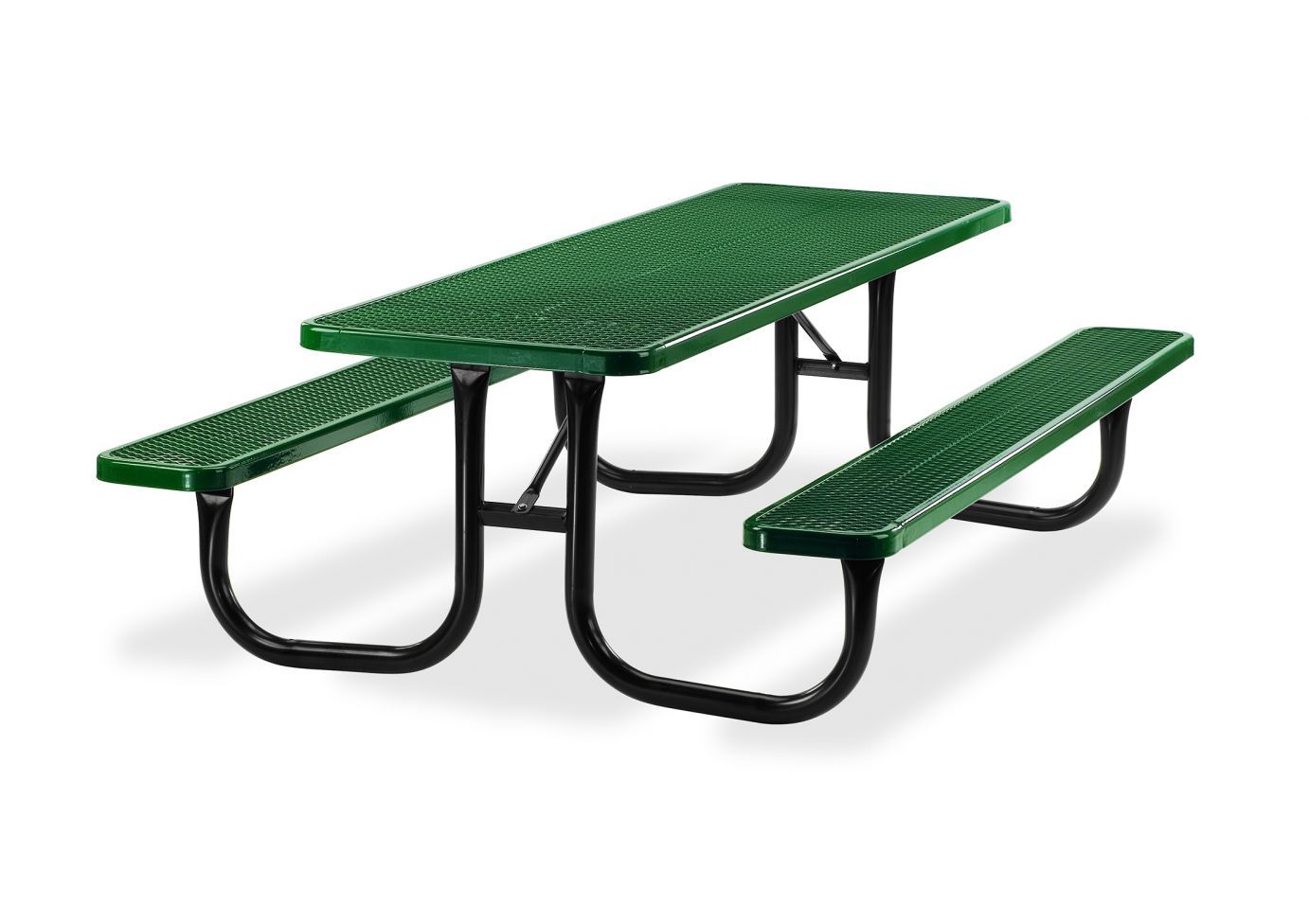 Green heavy-duty steel picnic table with thermoplastic coated top and benches, black tubular frame, angled view