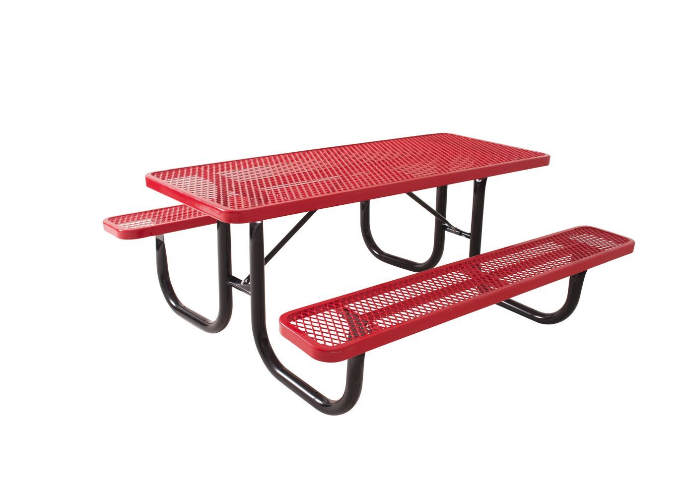 Red heavy-duty steel picnic table with attached benches and black tubular frame, designed for outdoor use.
