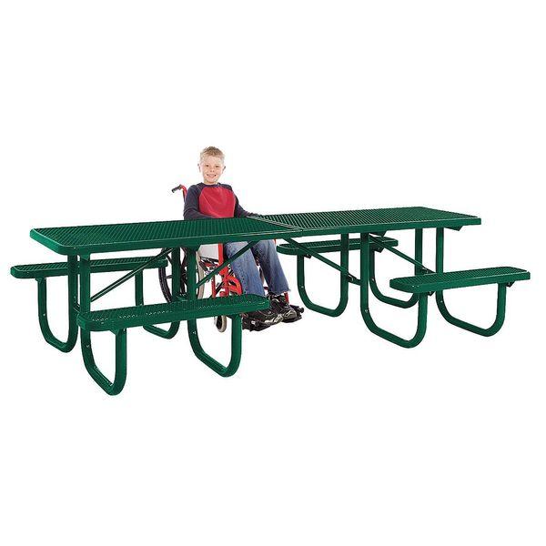 Green heavy-duty ADA-compliant picnic table with walk-through wheelchair access and attached benches